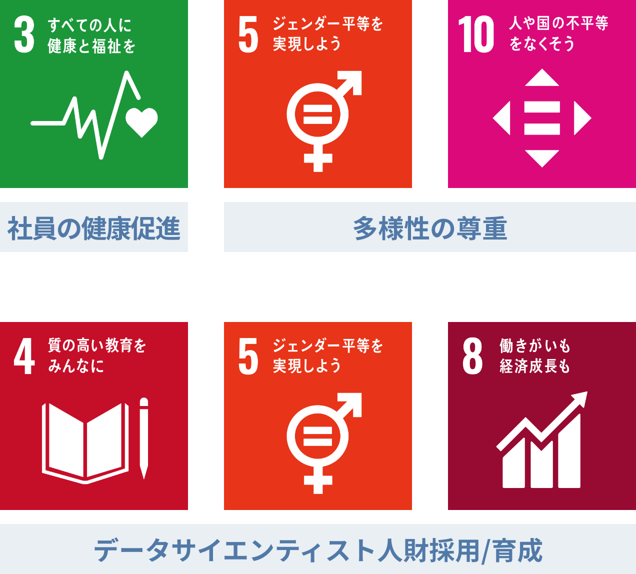 3すべての人に健康と福祉を、社員の健康促進。
4質の高い教育をみんなに、5ジェンダー平等を実現しよう、8働きがいも経済成長も、データサイエンティスト人財採用/育成。
5ジェンダー平等を実現しよう、10人や国の不平等をなくそう、多様性の尊重。
